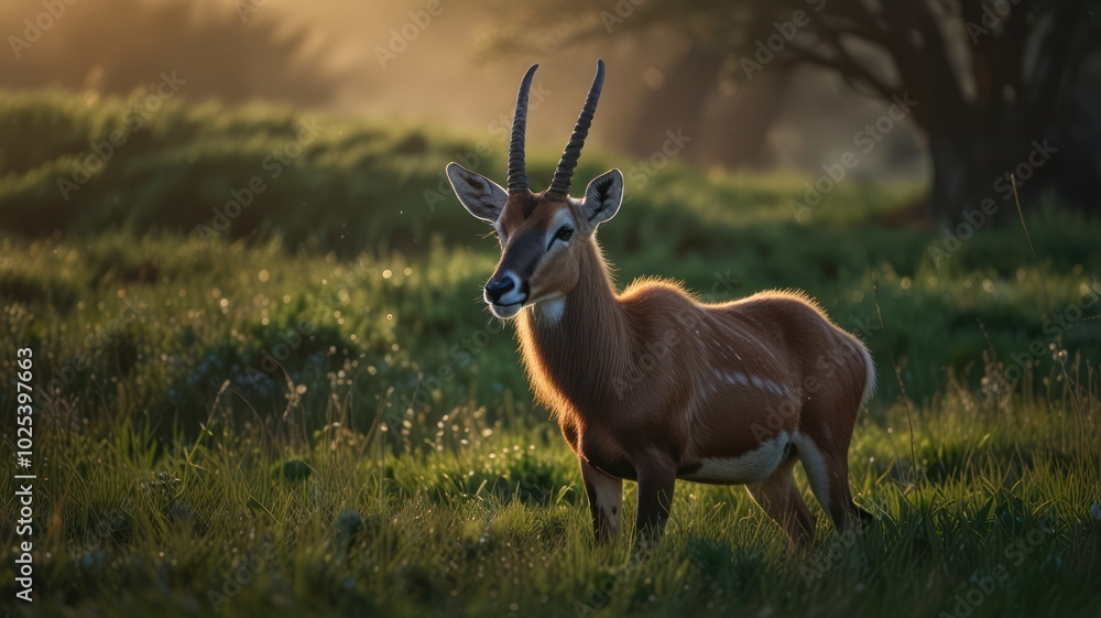 The antelope's silhouette stands out against the lush green grass and the hazy horizon, creating a serene and timeless scene. The antelope's silhouette stands out against the lush green grass and the hazy horizon, creating a serene and timeless scene.