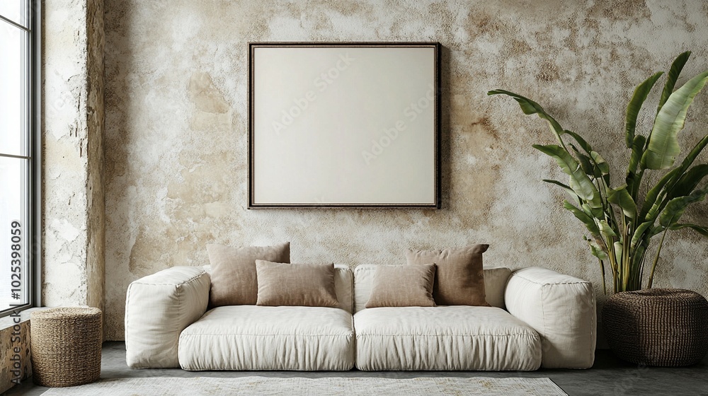 Fototapeta premium Modern living room featuring a white couch, potted plants, and a picture frame near a window in Japandi style.