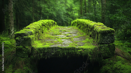 Forgotten stone bridge covered in moss in old woods photo