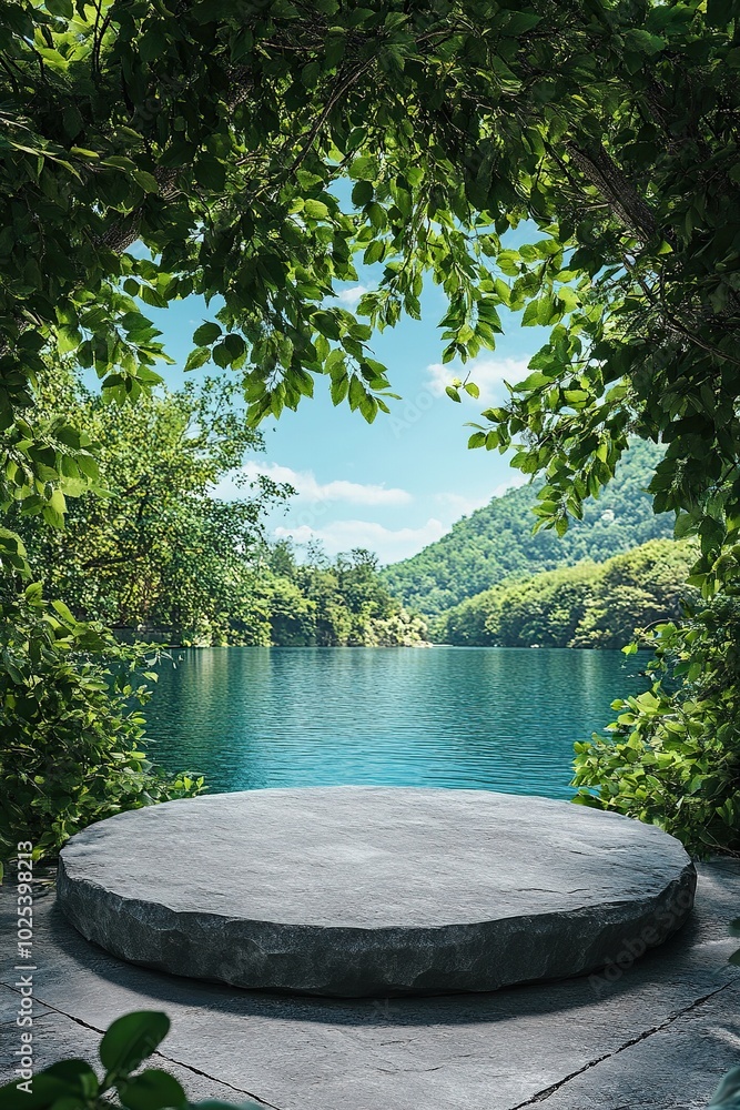 Design template of forest layout with a fresh blue water lake has a natural stone podium in center, over blue sky background. Green forest plants decoration, blank space for showing product Design template of forest layout with a fresh blue water lake has a natural stone podium in center, over blue sky background. Green forest plants decoration, blank space for showing product