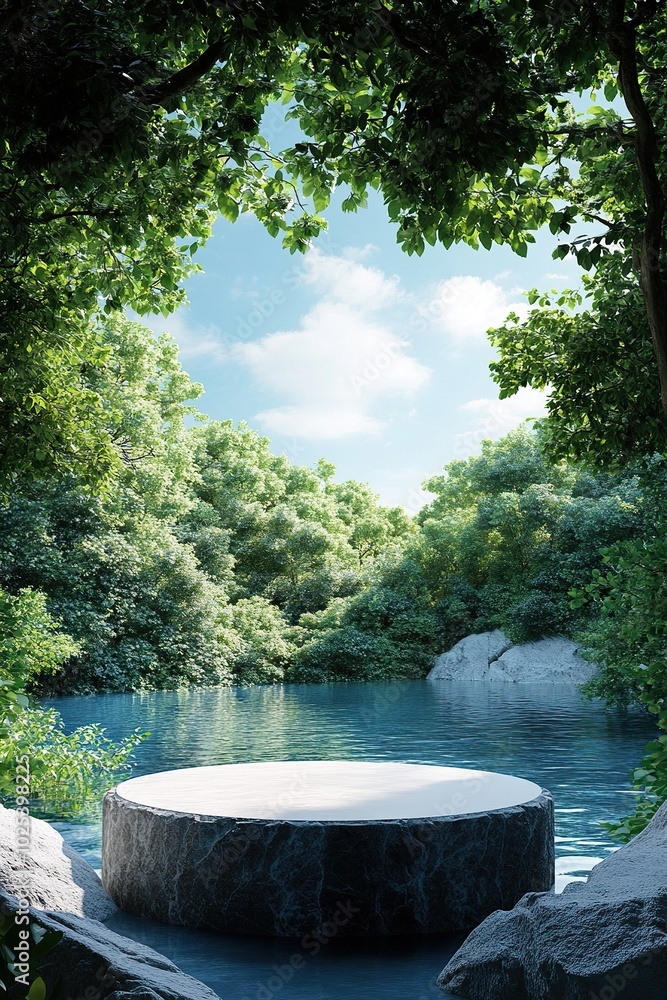 Design template of forest layout with a fresh blue water lake has a natural stone podium in center, over blue sky background. Green forest plants decoration, blank space for showing product Design template of forest layout with a fresh blue water lake has a natural stone podium in center, over blue sky background. Green forest plants decoration, blank space for showing product