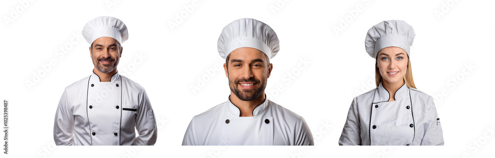 Three smiling chefs wearing white chef jackets and hats. Three smiling chefs wearing white chef jackets and hats.