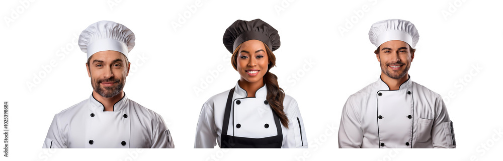 Three chefs wearing white and black chef uniforms smile and stand against a white background, isolated. Three chefs wearing white and black chef uniforms smile and stand against a white background, isolated.