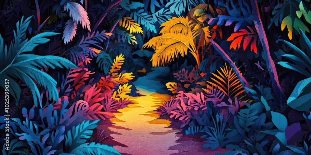A trail weaving through dense foliage, A path winding through thick vegetation A trail weaving through dense foliage, A path winding through thick vegetation