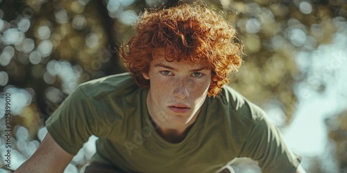 Youthful Energies: A Red-Haired Guy Leaning Against a Tree photo