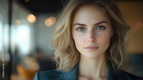 Wallpaper Mural Portrait of a Beautiful Blonde Woman with Striking Green Eyes and a Confident Gaze in a Blurred Interior Torontodigital.ca