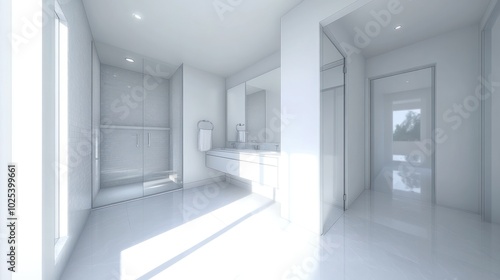 A modern bathroom with white walls and a large window, featuring a double vanity with a mirror, a shower, and a door leading to another room. The room is bright and airy, 