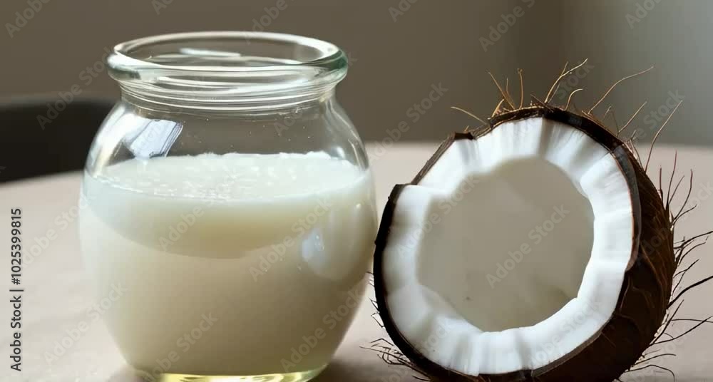 A glass jar of coconut oil sits on the table, its contents shimmering with a pearly sheen under the soft natural light A glass jar of coconut oil sits on the table, its contents shimmering with a pearly sheen under the soft natural light