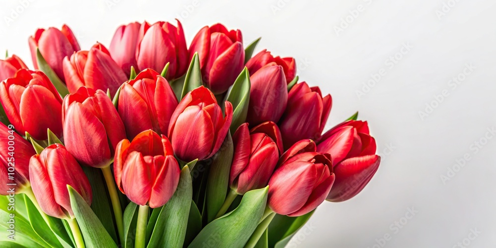 Close-Up bouquet of red fresh spring tulips on white copy space Close-Up bouquet of red fresh spring tulips on white copy space