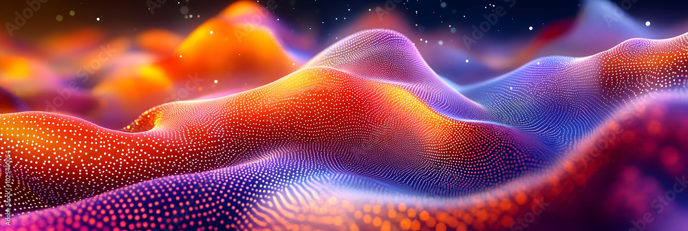 Abstract Background With Dynamic 3D Waves of Glowing Particles with Depth of Field Abstract Background With Dynamic 3D Waves of Glowing Particles with Depth of Field