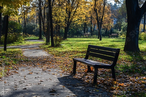 Bench in the autumn park. Park bench against the background of autumn trees.