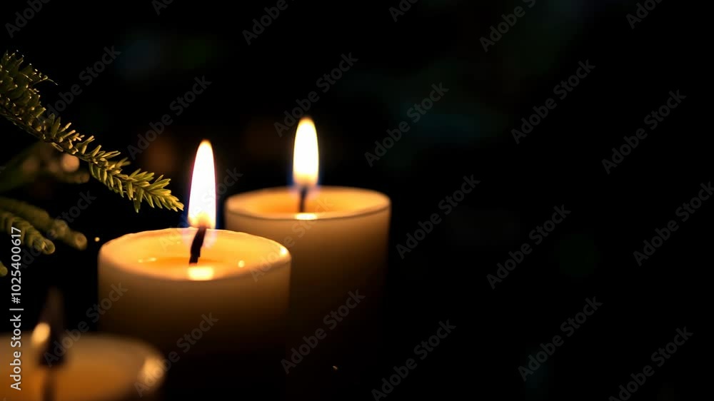 Two candles burn brightly in the darkness, illuminating the surrounding area with a soft, warm glow Two candles burn brightly in the darkness, illuminating the surrounding area with a soft, warm glow