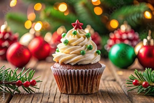 Close-Up Christmas cupcake with festive decoration