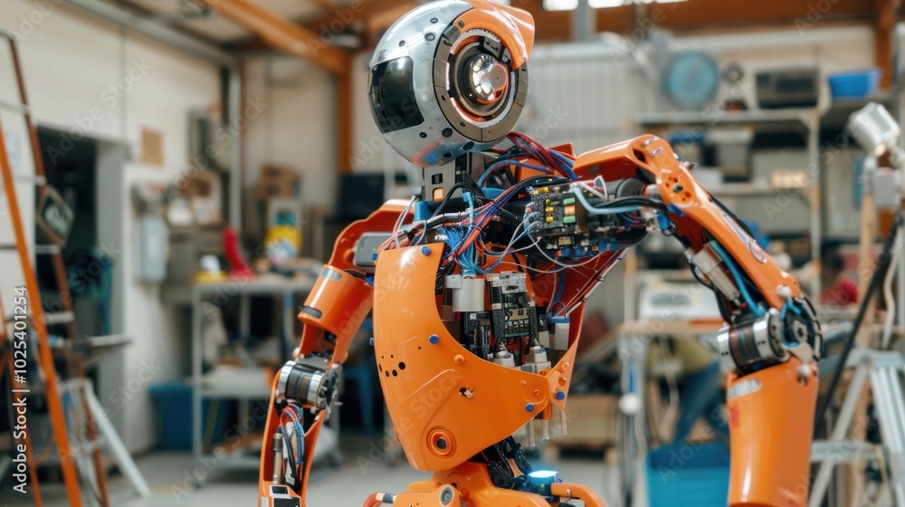 Fototapeta premium Orange Robot with Exposed Wires and Mechanisms in a Workshop Setting