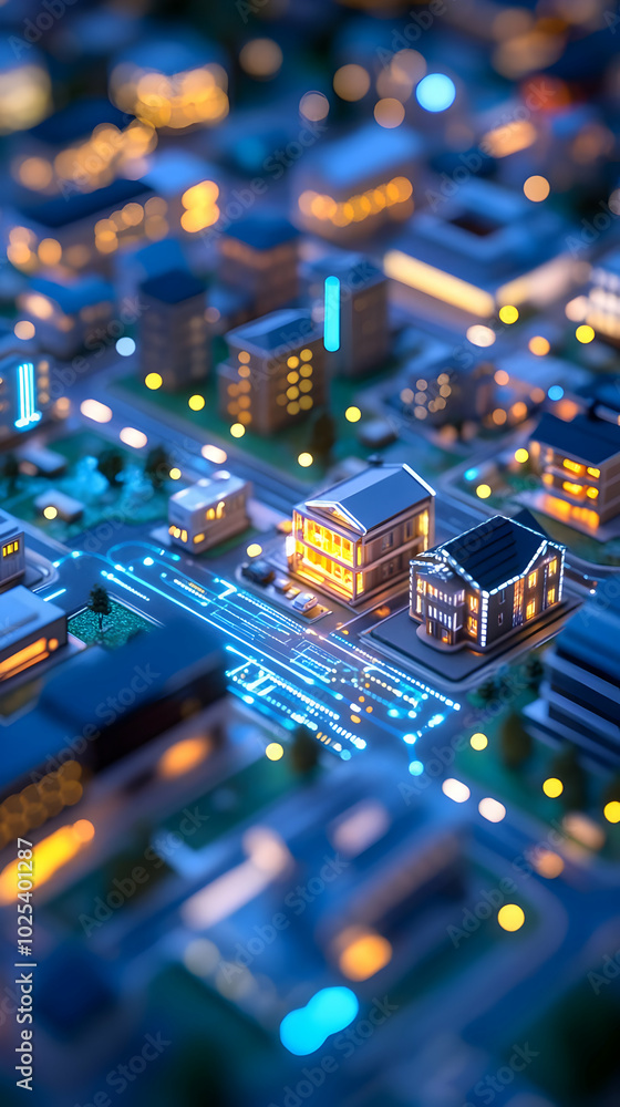 Obraz premium Miniature city model with glowing lights at night