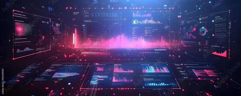 Obraz premium Futuristic Digital Interface Displays Complex Data Visualizations in an Abstract Cyberspace Environment