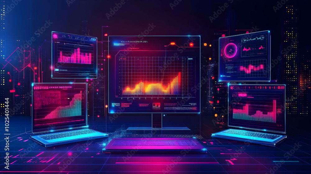 Futuristic Technological Cityscape Immersed in Data Visualizations on Multiple Screens Futuristic Technological Cityscape Immersed in Data Visualizations on Multiple Screens