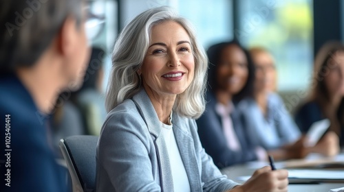 A middle-aged woman with grey hair smiling at a meeting