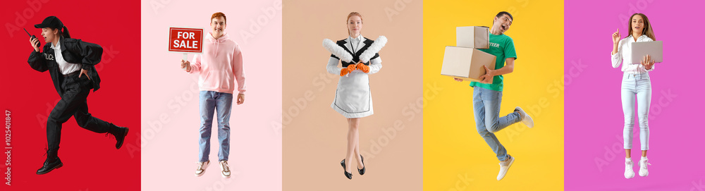 Set of different jumping people on color background