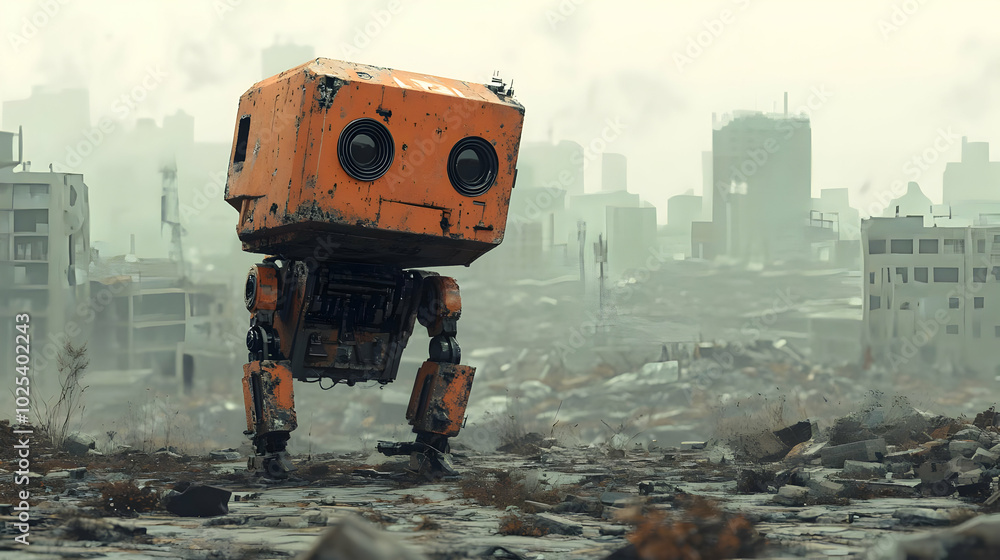 A lone robot explores the ruins of a destroyed city in a post-apocalyptic world. A lone robot explores the ruins of a destroyed city in a post-apocalyptic world.