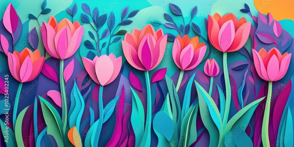 Pink tulips in a vibrant garden setting, Pink tulips in a colorful garden environment Pink tulips in a vibrant garden setting, Pink tulips in a colorful garden environment