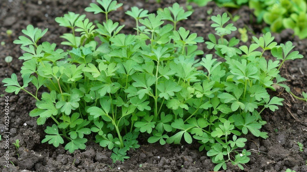 Fresh Green Herb Leaves Growing in Garden Soil Fresh Green Herb Leaves Growing in Garden Soil