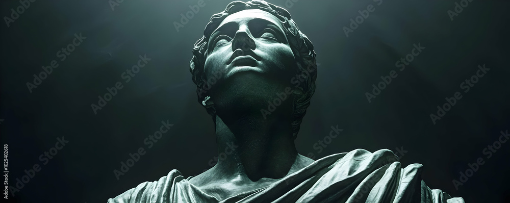 Ancient Stone Statue Gazes Upward in Ethereal Light Ancient Stone Statue Gazes Upward in Ethereal Light