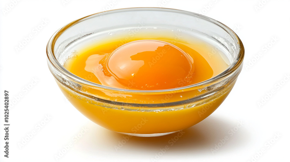 Raw egg cracked into a bowl with visible yolk Raw egg cracked into a bowl with visible yolk