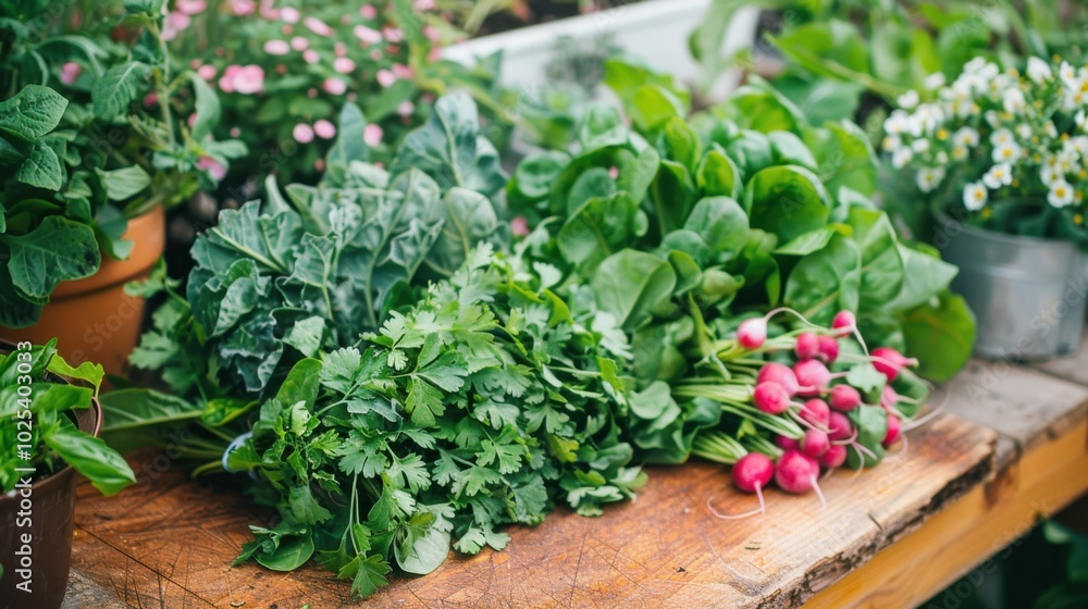 Fresh Herbs and Greens on Wooden Table Fresh Herbs and Greens on Wooden Table