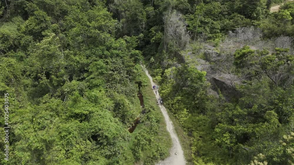 Drone flies above hiking trail leading to Baracara Falls in Guyana Drone flies above hiking trail leading to Baracara Falls in Guyana