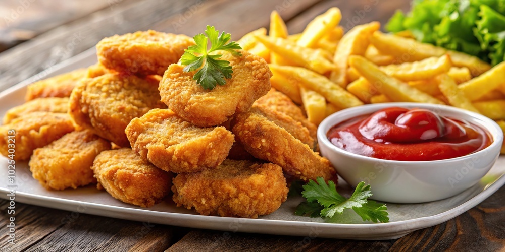 Close-Up Fried crispy chicken nuggets with french fries and ketchup Close-Up Fried crispy chicken nuggets with french fries and ketchup