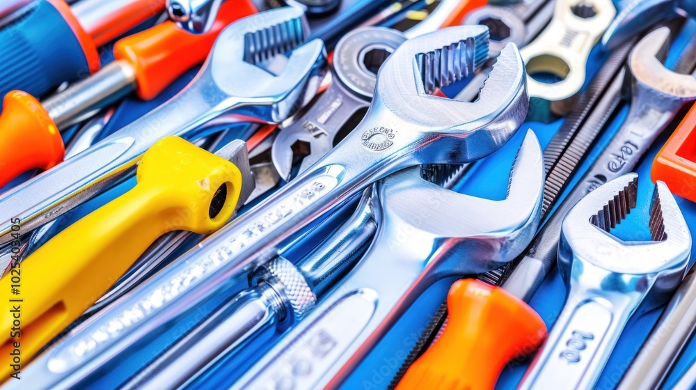Fototapeta premium Assorted Wrenches and Tools on a Blue Surface