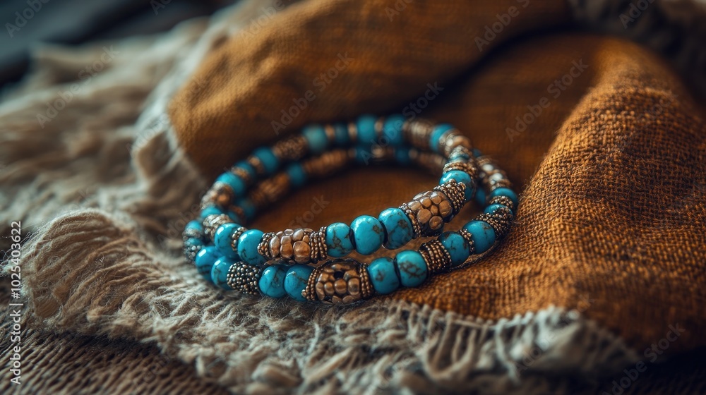 Fototapeta premium Colorful Beaded Bracelets on Fabric Surface