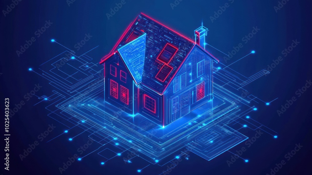A futuristic depiction of a house connected to a digital network A futuristic depiction of a house connected to a digital network