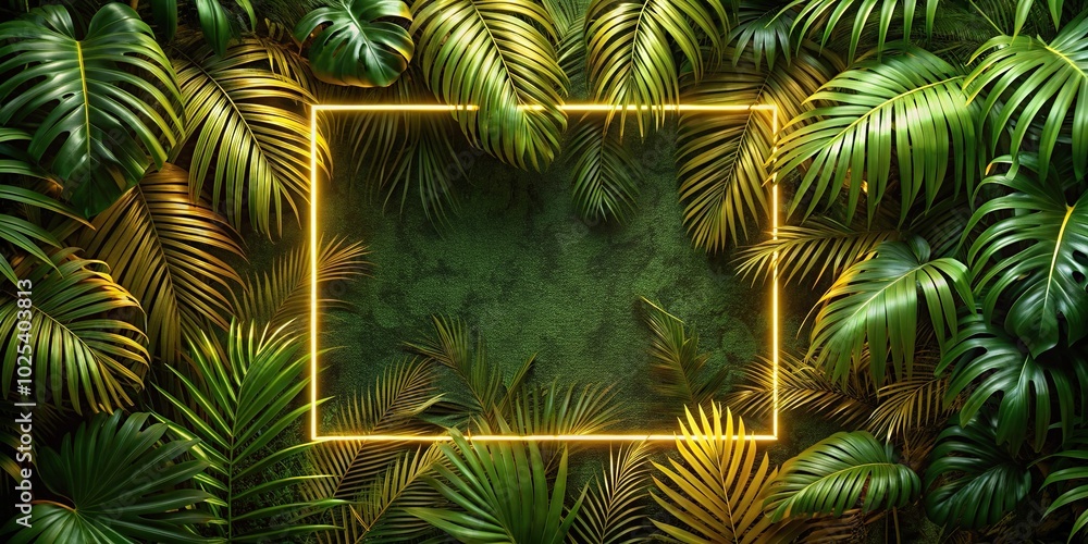 Fototapeta premium Close-Up Gold neon frame background with empty space among tropical jungle foliage