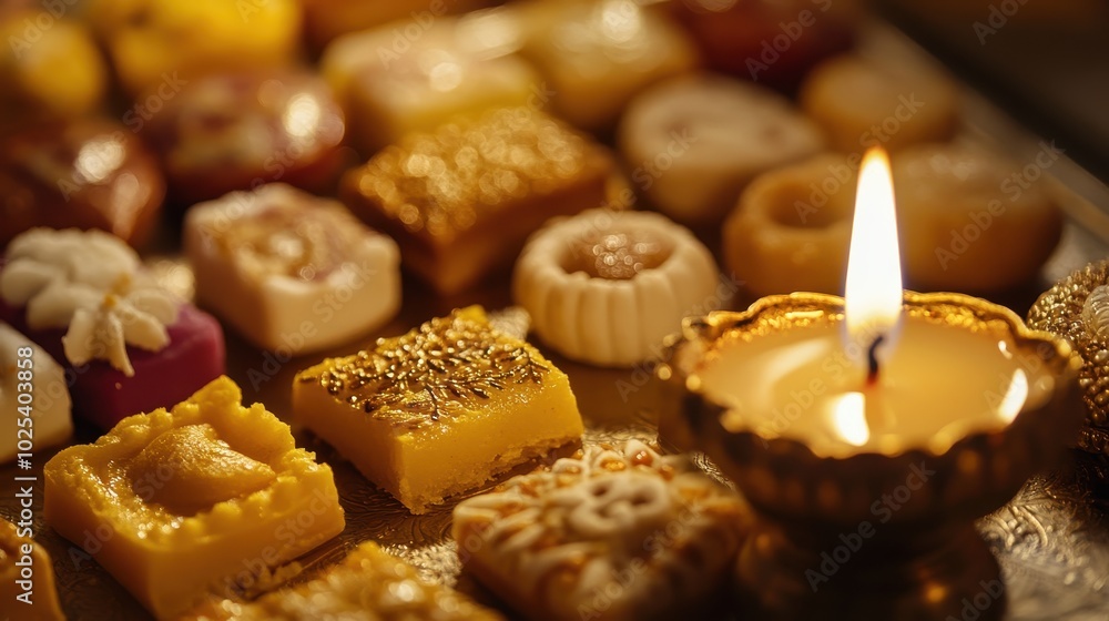 A Lit Candle Surrounded by Golden and White Sweets A Lit Candle Surrounded by Golden and White Sweets