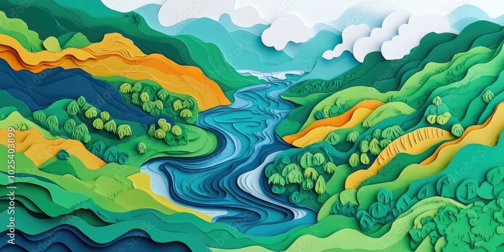 Aerial perspective of a river merging into a serene upper lake, showcasing the beauty of a lush, green landscape Aerial perspective of a river merging into a serene upper lake, showcasing the beauty of a lush, green landscape