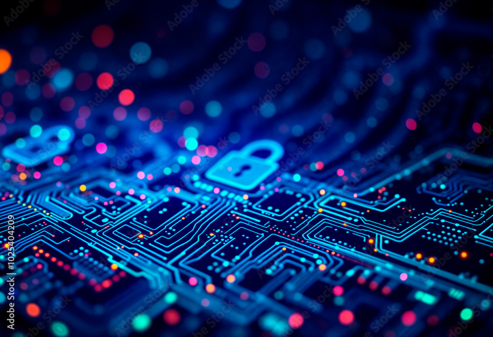 Fototapeta premium Digital lock glowing in purple and blue set against a blue background with cyan and magenta dots, secure and futuristic.