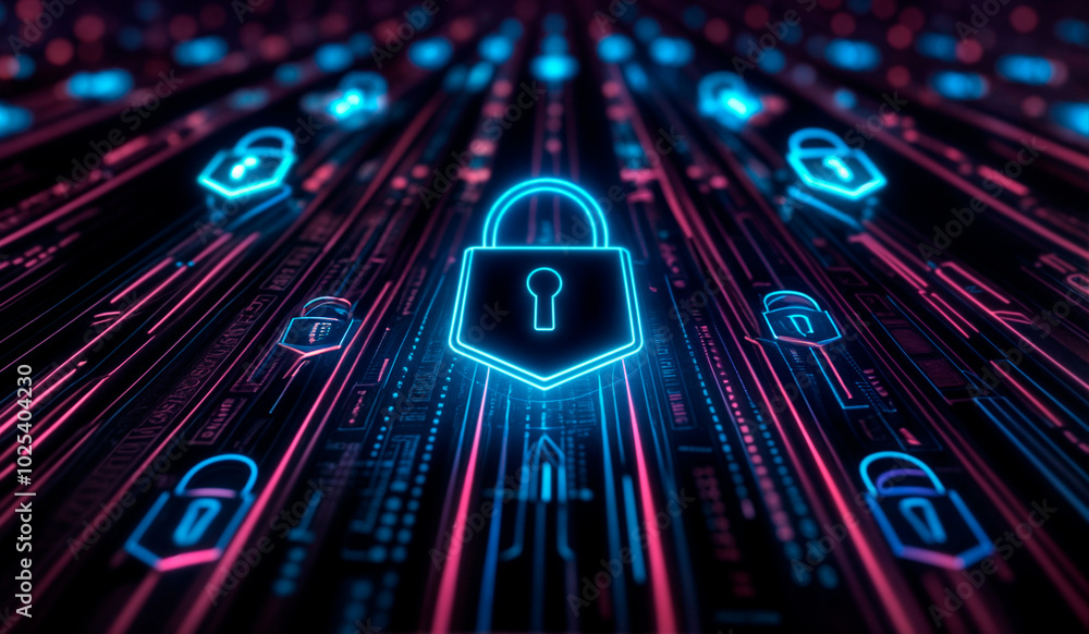 Futuristic network of lines with glowing central lock icon, symbolizing ...