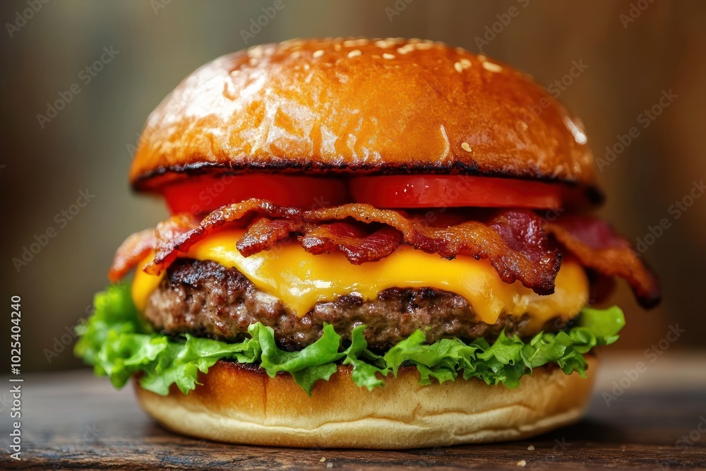 Juicy Burger with Melted Cheese and Fresh Vegetables Juicy Burger with Melted Cheese and Fresh Vegetables