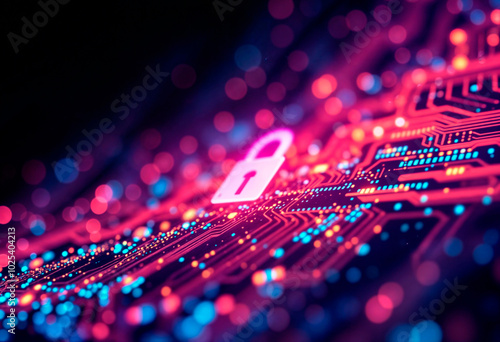 Digital circuit board with illuminated security lock under blue light, futuristic and secure.