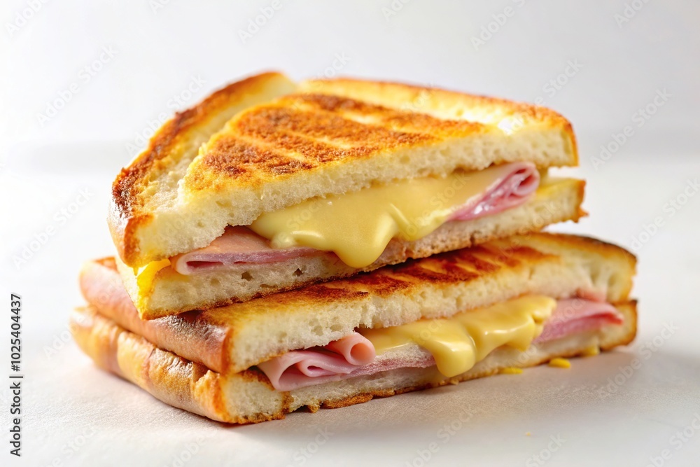 close-up ham and melted cheese sandwich called Monte Cristo on white background close-up ham and melted cheese sandwich called Monte Cristo on white background