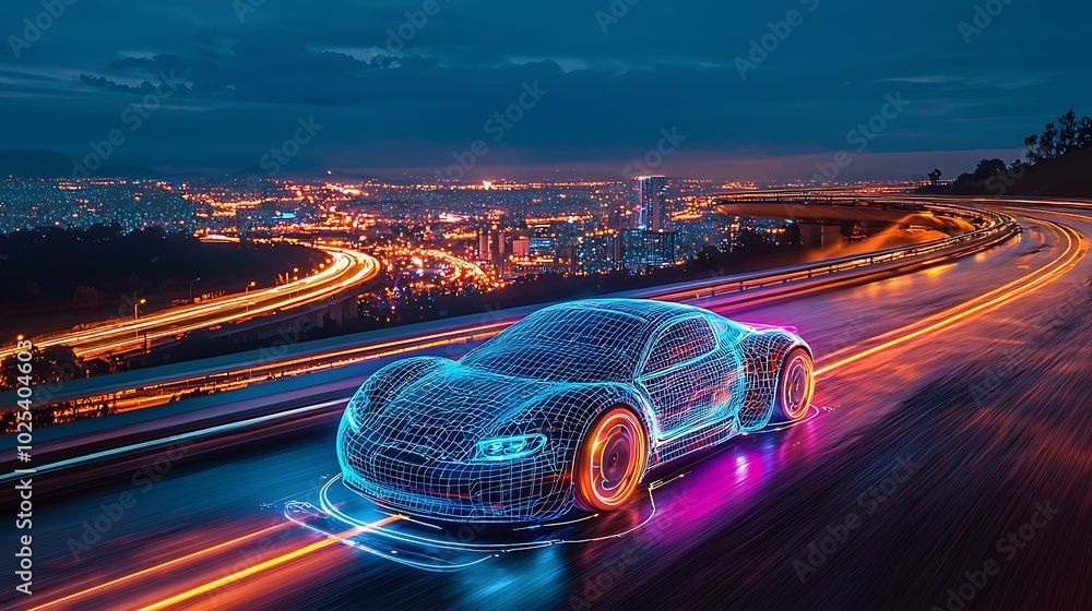 Futuristic Wireframe Car on Night Highway with City Lights Futuristic Wireframe Car on Night Highway with City Lights