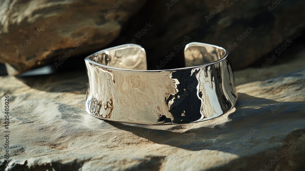 Polished Silver Cuff on Natural Stone Surface Polished Silver Cuff on Natural Stone Surface