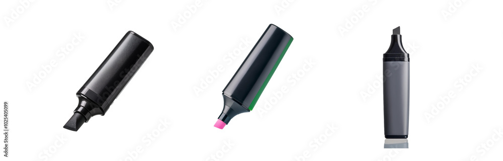 Three black marker pens are isolated on a white background. Three black marker pens are isolated on a white background.
