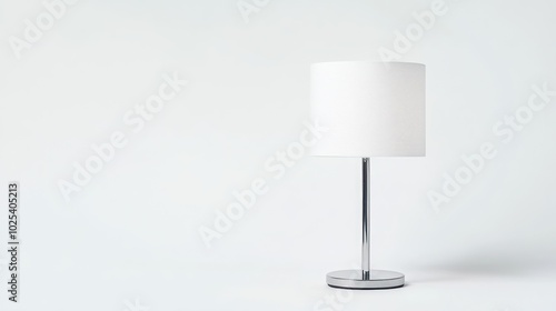 A silver table lamp with a white lampshade on a white background.