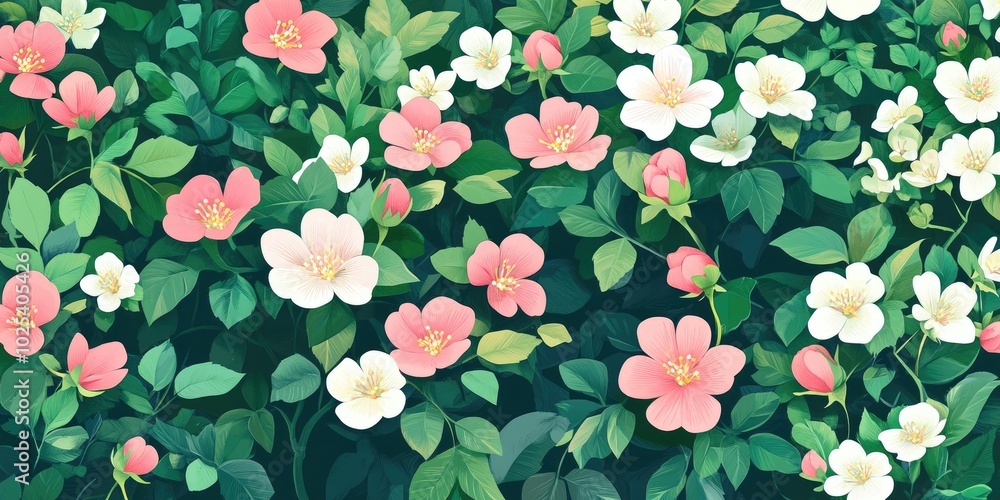 Sunlit wild bush of Rosa canina featuring pink and white blossoms, Sunlit wild rose bush with pink and white flowers Sunlit wild bush of Rosa canina featuring pink and white blossoms, Sunlit wild rose bush with pink and white flowers