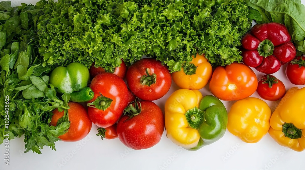 Various fresh vegetables spread out on white surface Various fresh vegetables spread out on white surface