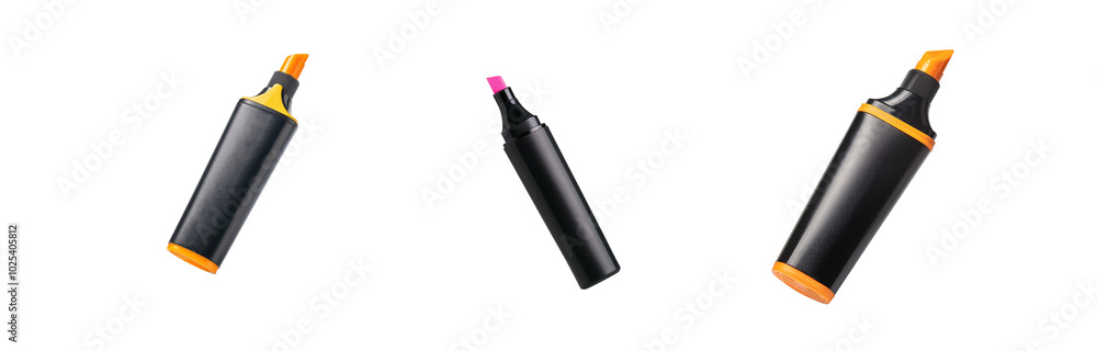 Three highlighters in different colors, isolated on a white background. Three highlighters in different colors, isolated on a white background.