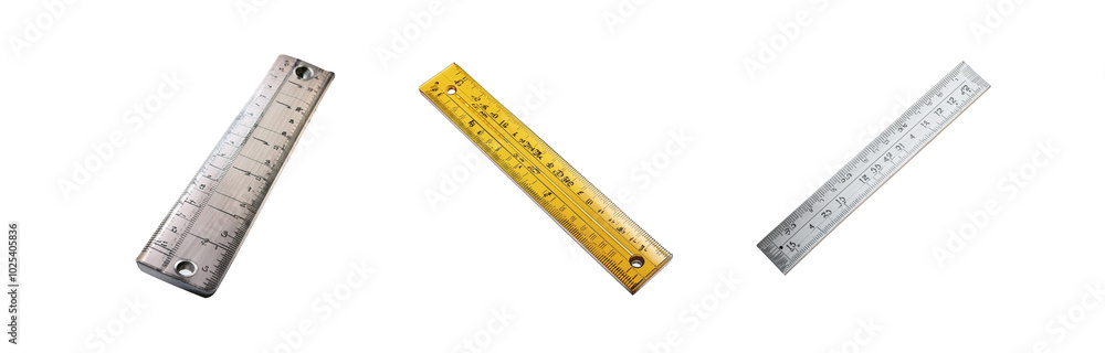 Three rulers, one yellow and two silver, are isolated against a white background. Three rulers, one yellow and two silver, are isolated against a white background.